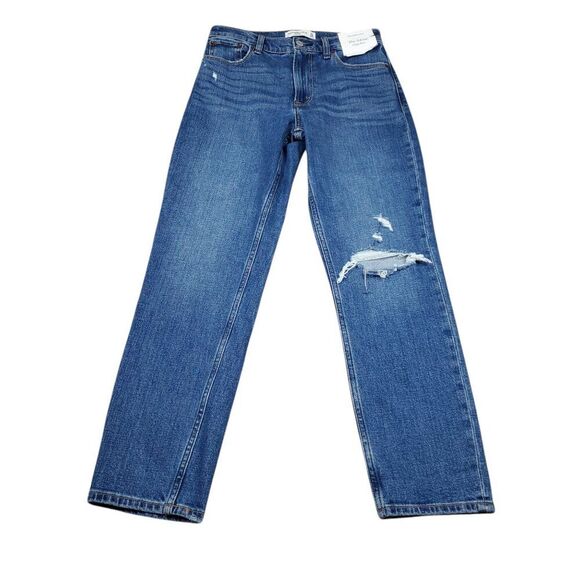 Abercrombie Mom High Rise Jeans Ripped Distressed Blue Size 00 24 Stretch - Picture 1 of 10